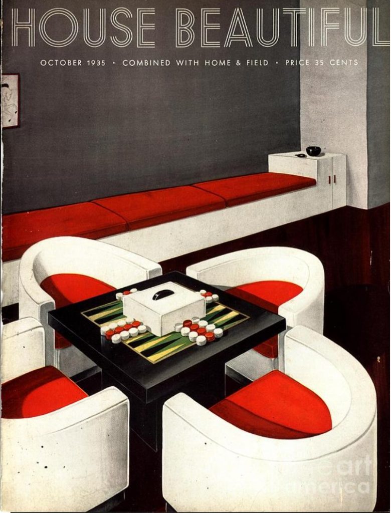 1930s vintage magazine cover for House Beautiful from October 1935 featuring red and white furniture and a game of backgammon.