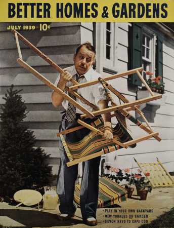 1930s Vintage Magazine Cover: July 1939 Better Homes & Gardens Magazine featuring a man having troubles with his lawn chair. The article inside is called "Play in your own backyard".