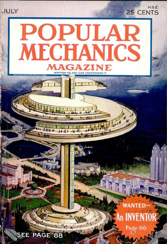 1930s vintage magazine cover for 'Popular Mechanics Magazine' from July 1930 featuring a skyscraper of the future.