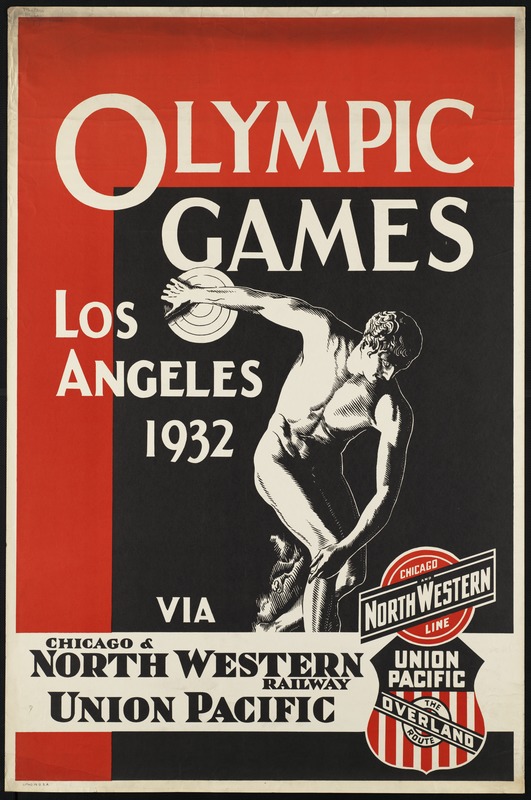 1930s vintage advertisement: 1932 Union Pacific Advertisement for the Los Angeles Summer Olympics, featuring the Discobolus of Myron [the Discuss Thrower], the personification of the athletic ideal and one of the unofficial icons of the Olympics.

