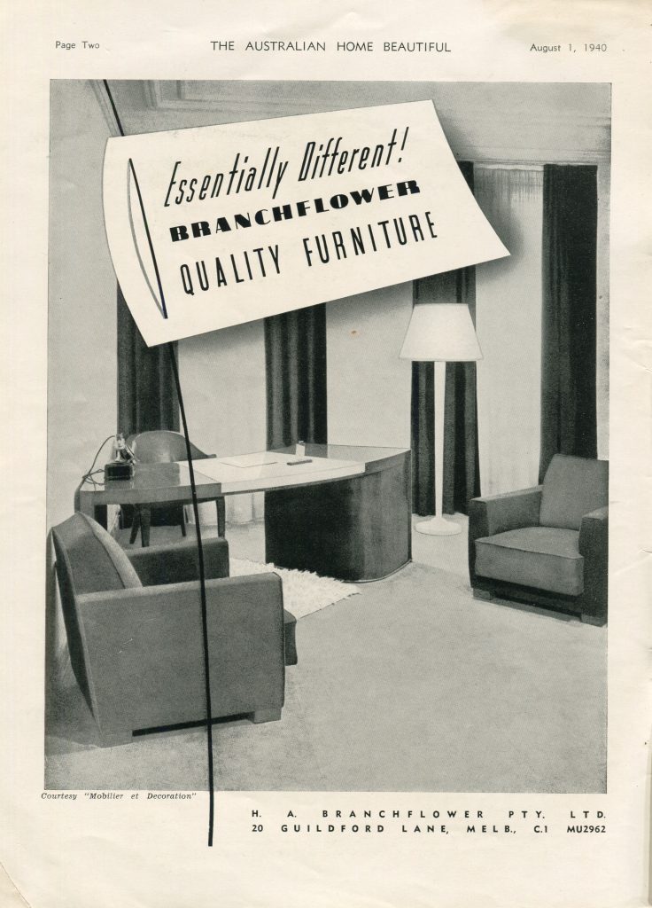 Vintage Furniture Ad-1940 advertisement for Branchflower furniture feature a desk and chairs for your home office