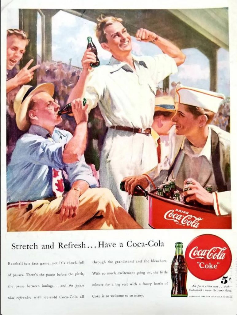 1940s vintage advertisement for Coca Cola featuring an illustration of men at a baseball game enjoying a coke