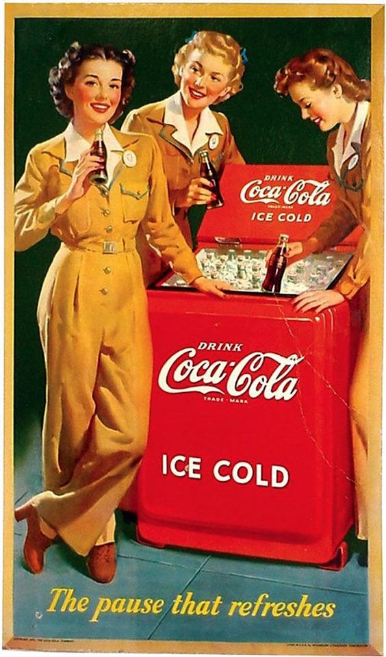 1940s vintage advertisement for coca-cola featuring 3 women in 1940s hairstyles and overall uniforms taking a break for a drink