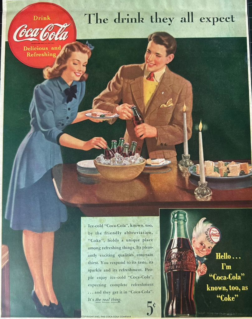 Planning a party? Coca-Cola is "The drink they all expect". 1940s vintage advertisement featuring a young woman and young man in 1940s fashions and 1940s hairstyles at the food and drink table.