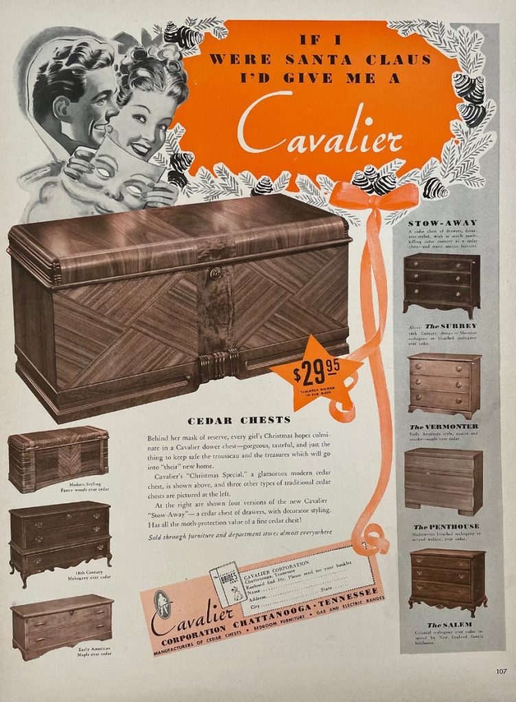 1940s vintage furniture ad for Cavalier Cedar Chests. The perfect Christmas Present. 