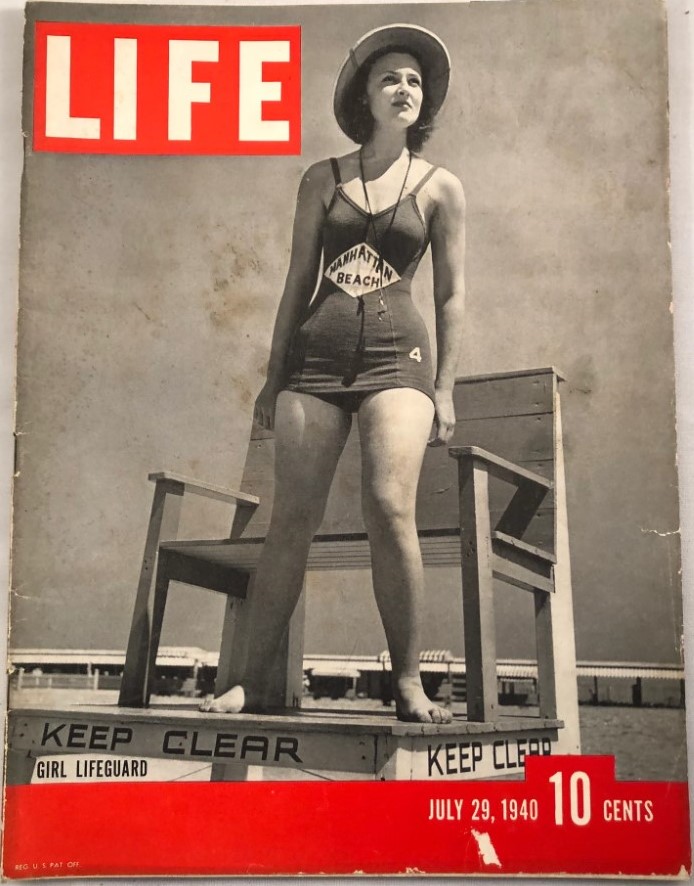 1940s vintage magazine cover-July 29 1940 Life Magazine 'Girl Lifeguard Shirley Wunderlich' protecting Manhattan Beach on the cover. 