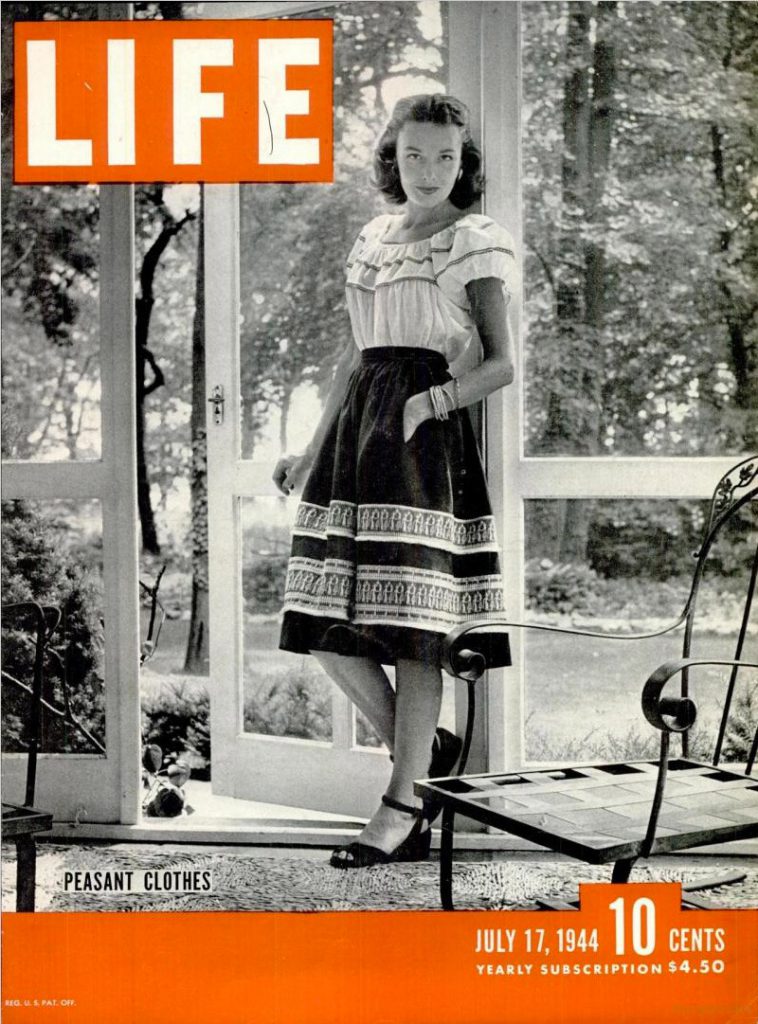 1940s vintage magazine cover: July 17th, 1944 LIFE Magazine featuring an article on the trend of 'Peasant Clothes' for Women's fashions. Fantastic 1940s womens fashion inspiration. 