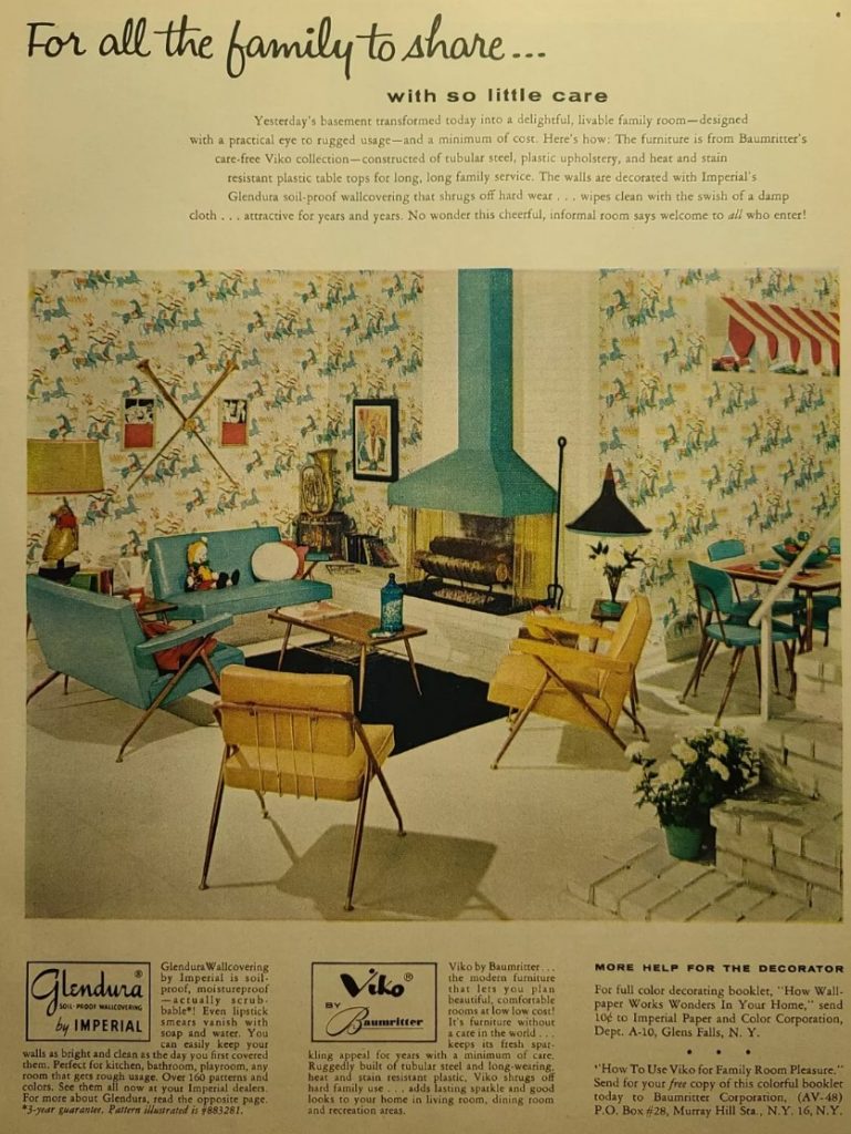 1950s vintage advertisement: Mid Century furniture pieces (and great wallpaper) in this 1950s advertisement for the 'Baumritter's care free VIKO collection".