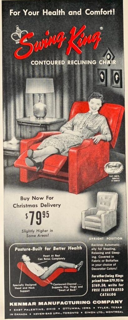 1950s vintage furniture ad for "Swing King Reclining Chair" featuring a 1950s woman in a red chair. The perfect Christmas gift. 