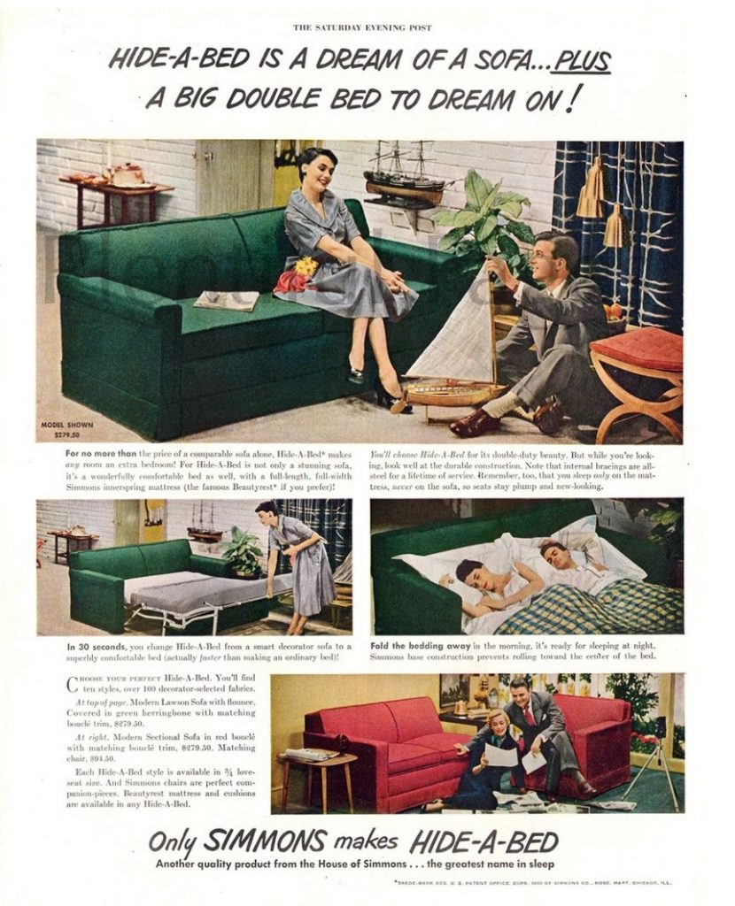 1950s Vintage advertising for Simmons Hide-A-Bed (sofa bed) as seen on September 16, 1950 in The Saturday Evening Post magazine. The vintage ad features images of how the bed looks like a 1950s living room and how it also looks sleeping in it. 