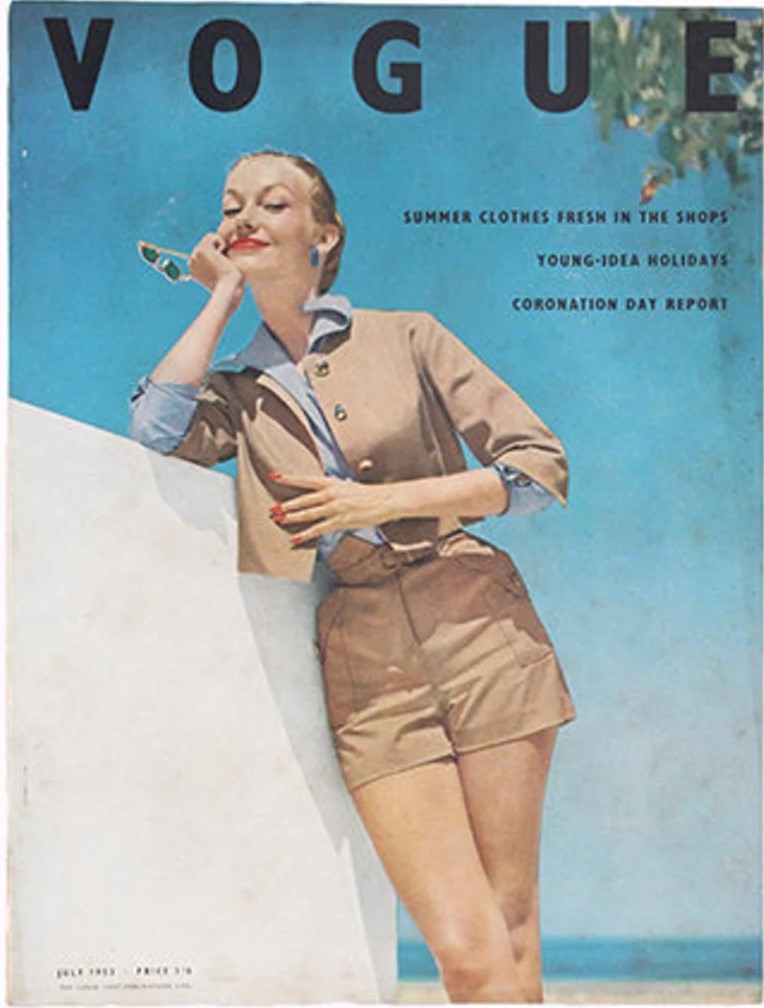 1950s Vintage Magazine: VOGUE UK July 1953 edition featuring articles on 'Summer clothes fresh in the shops', 'Young-Idea Holidays', & 'Coronation Day Report'. Woman on the cover is wearing 1950s Summer Fashion of Shorts and a jacket. 