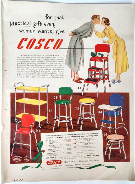 1950s vintage ad: 1951 Cosco Furniture advertisement for colourful kitchen chairs, stools, baby high chair and a bar cart. 