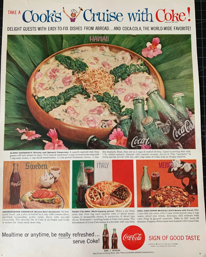 1959 coca-cola print advertisement featuring vintage recipes from around the world and coca-cola. 