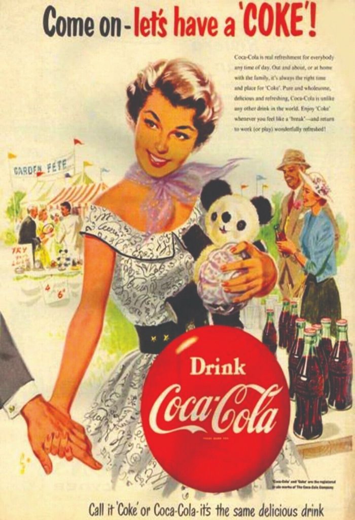 1950s vintage Coca-Cola Advertisement featuring a woman in a 1950s dress at the country fair.