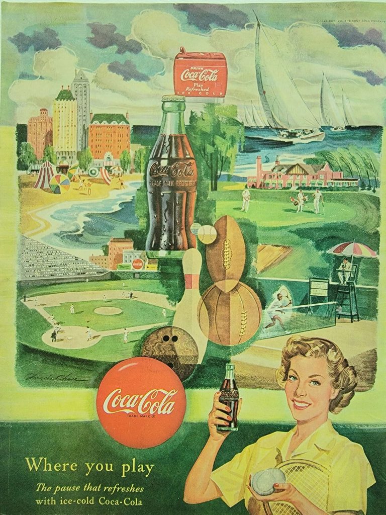 1950s vintage coca cola advertisement featuring an illustration of a woman holding a tennis racket and other illustrations of all the sports you can enjoy coke with