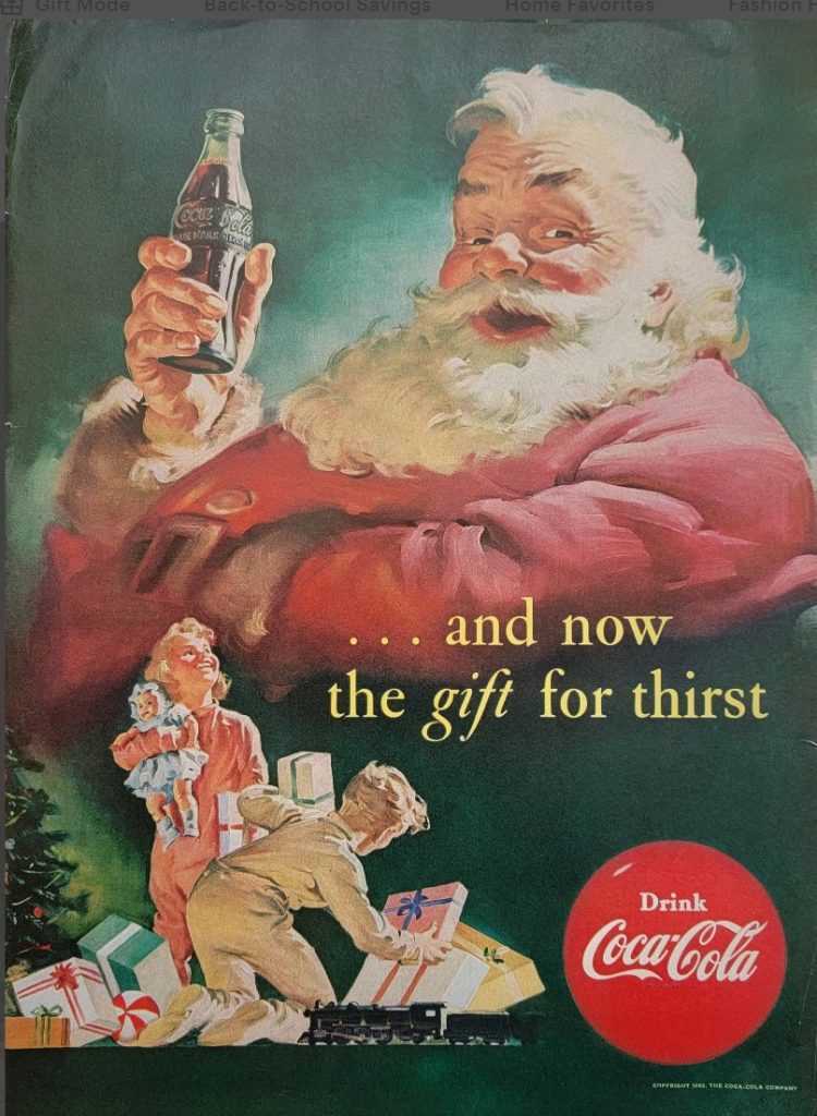 1950s vintage advertisement from 1952 featuring the iconic Coca-Cola Santa Claus. 