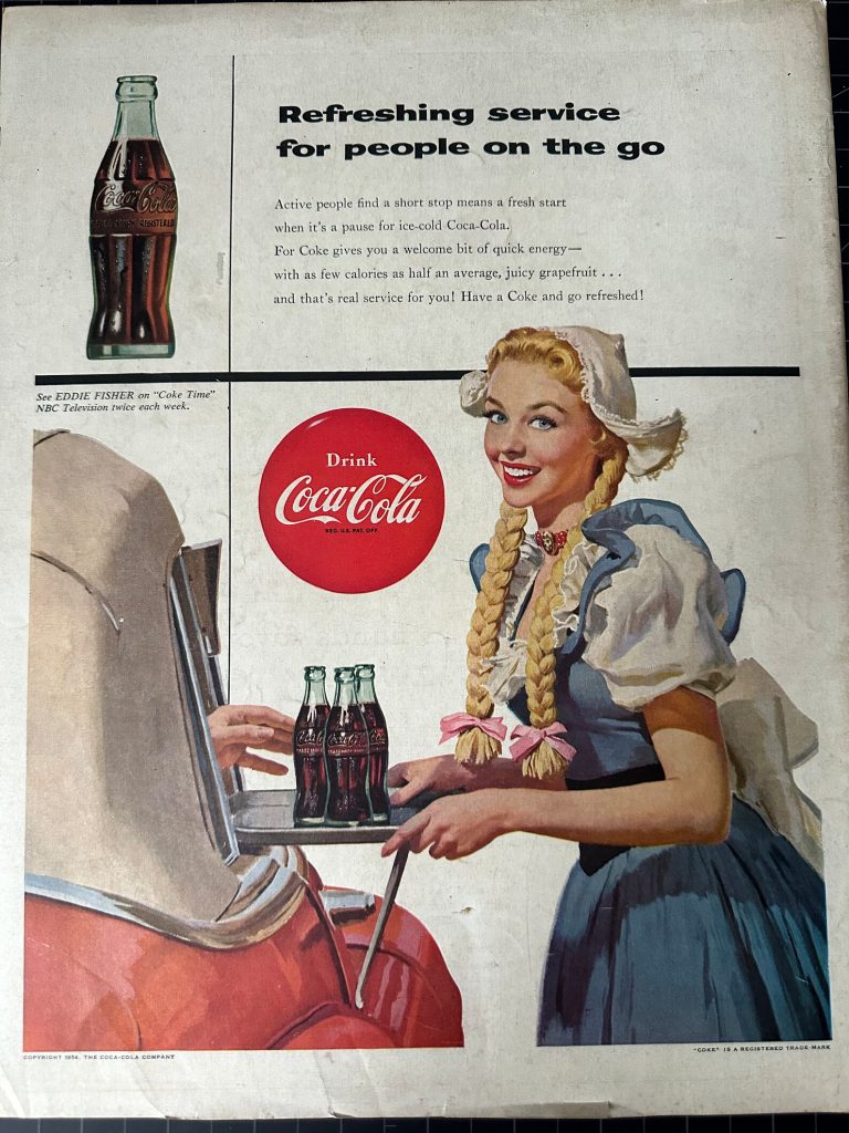 1950s vintage advertisement for Coca-Cola from 1954 featuring a blonde woman in a dutch outfit serving Coke to a waiting car. "Refreshing service for people on the go". 