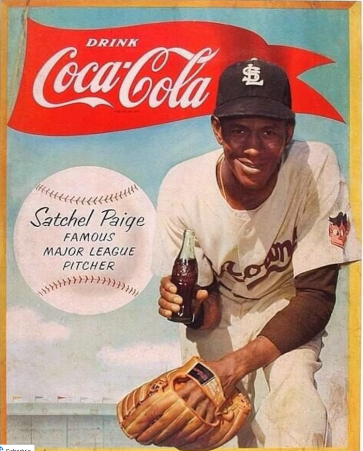 1950s vintage advertisement: African American Satchel Paige a major league pitcher as seen in this 1954 Coke Advertisement. Vintage Black Advertising History. 