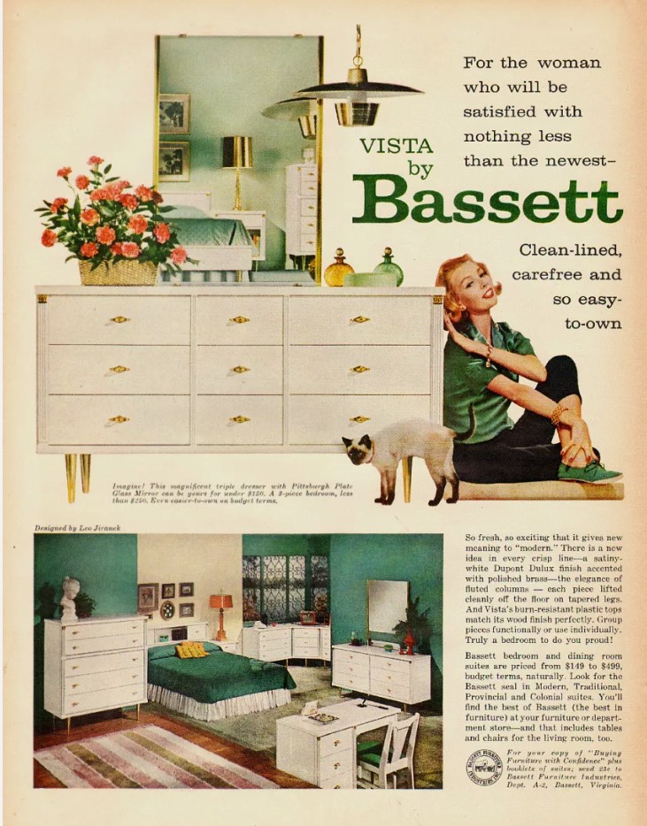 1950s vintage Ad, Vista by Bassett, bedroom furniture. 