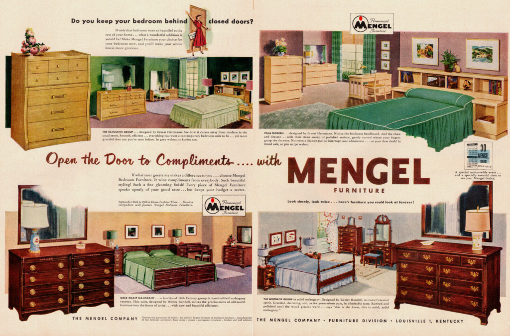 1950s MENGEL Furniture bedroom sets vintage ad. "Do you keep your bedroom behind closed doors?". "Open the door to compliments...with MENGEL Furniture". 