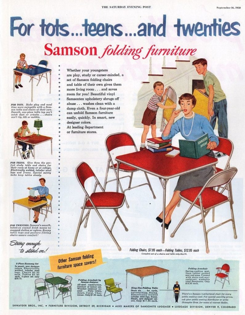 1950s vintage advertisement for 1950 Samson Furniture featuring a folding card table for all sort of activites for the kids, teens and twenty year olds. 