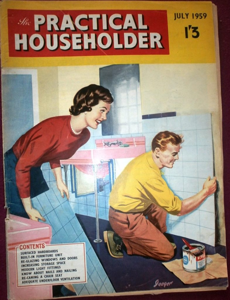 1950s vintage magazine-1950s vintage magazine cover-The Practical Household July 1959 featuring an illustration of a man and woman putting together a 1950s pink and blue bathroom