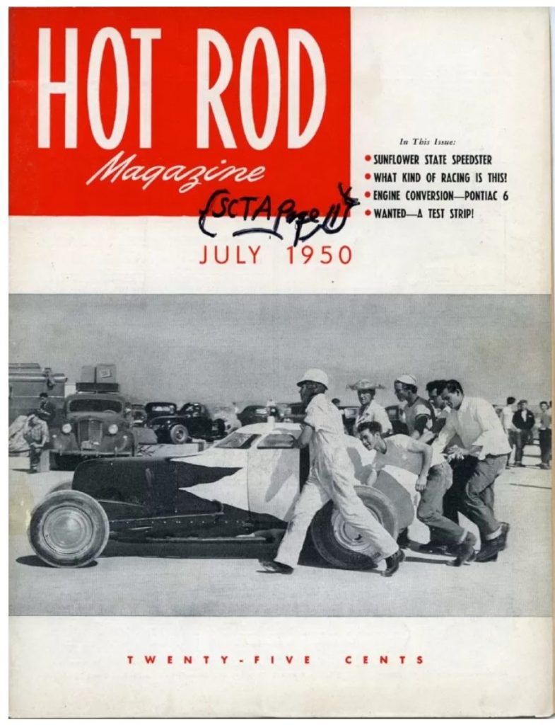 1950s vintage magazine for July 1950 Hot Rod Magazine featuring an image of men pushing a Hot Rod car.