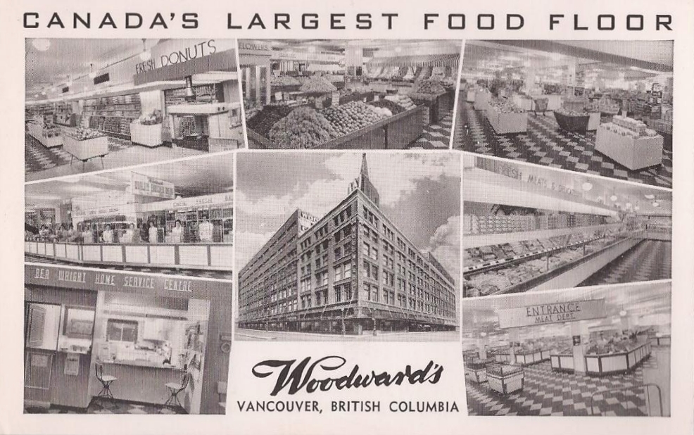 Vintage Postcard for Woodward’s Dept Store Vancouver British Columbia Canada featuring 'Canada's Largest Food Floor".