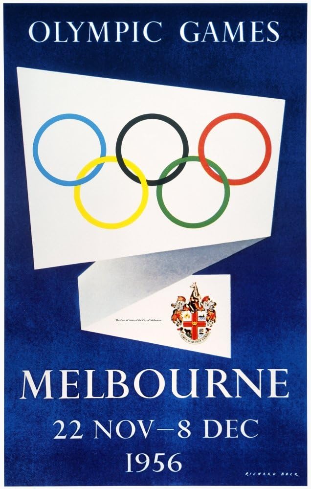 1950s vintage Olympic Poster: 1956 Melbourne Summer Olympics. The poster is in the form of an invitation card folded three times. On the first flap, the Olympic rings, in the background of the third flap, the arms of the city of Melbourne