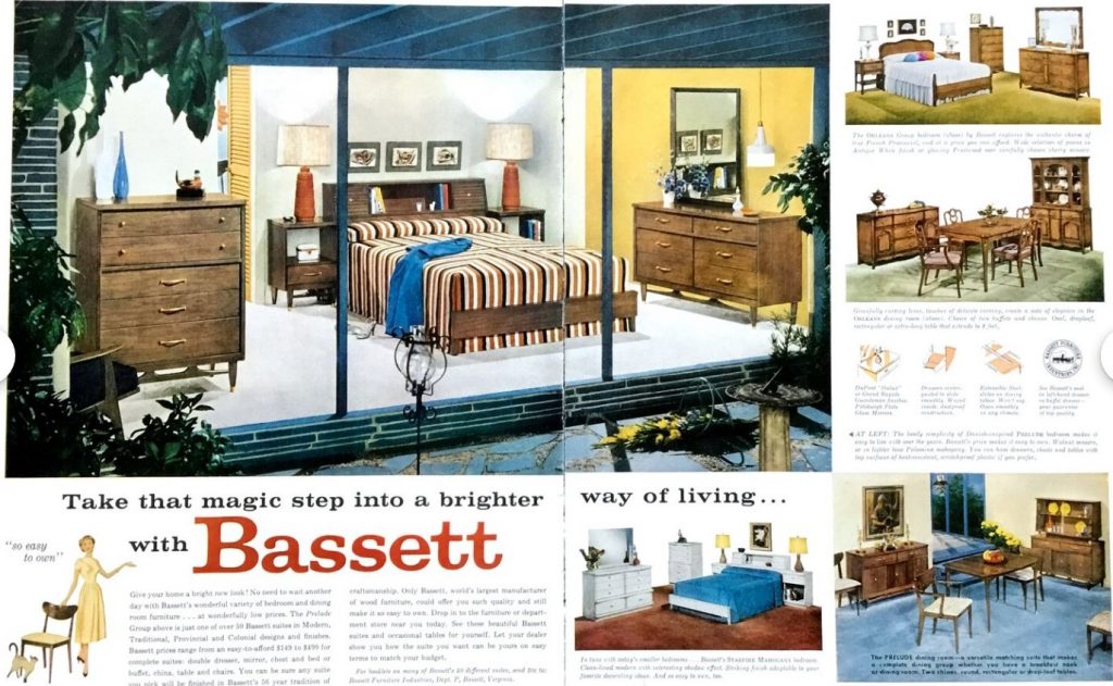 1950s Vintage Furniture Ad-1958 Bassett Furniture ad featuring bedroom and dining room furniture for your home.