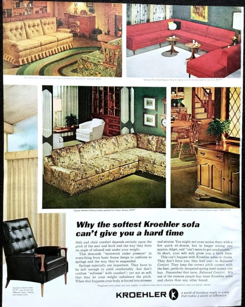 1960s Vintage Advertisement: 1965 Kroehler Sofas advertisement featuring images of 1960s / Mid Century Couches / Sofas. Fun Vintage Interior Inspiration