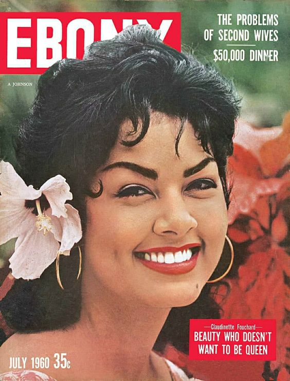 1960s vintage magazine Cover July 1960 Ebony Magazine featuring Claudinette Fouchard, Miss Haiti 1960 with a flower in her hair. 