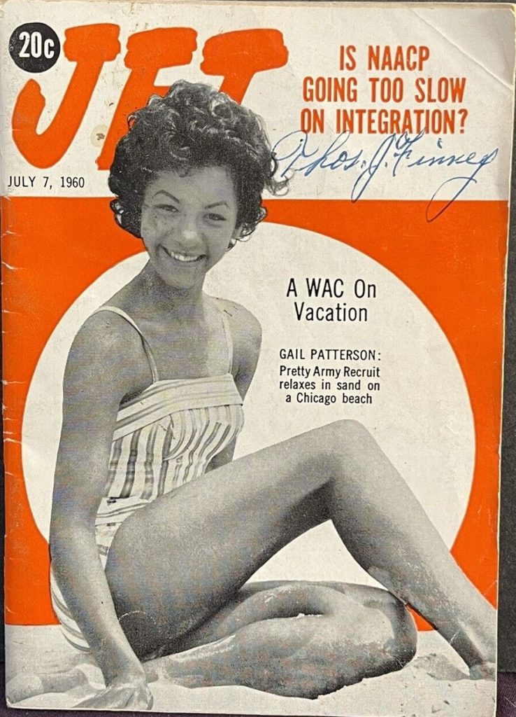 July 7th, 1960 JET Magazine featuring "A WAC on Vacation", Gail Patterson in a pretty early 1960s swimsuit.