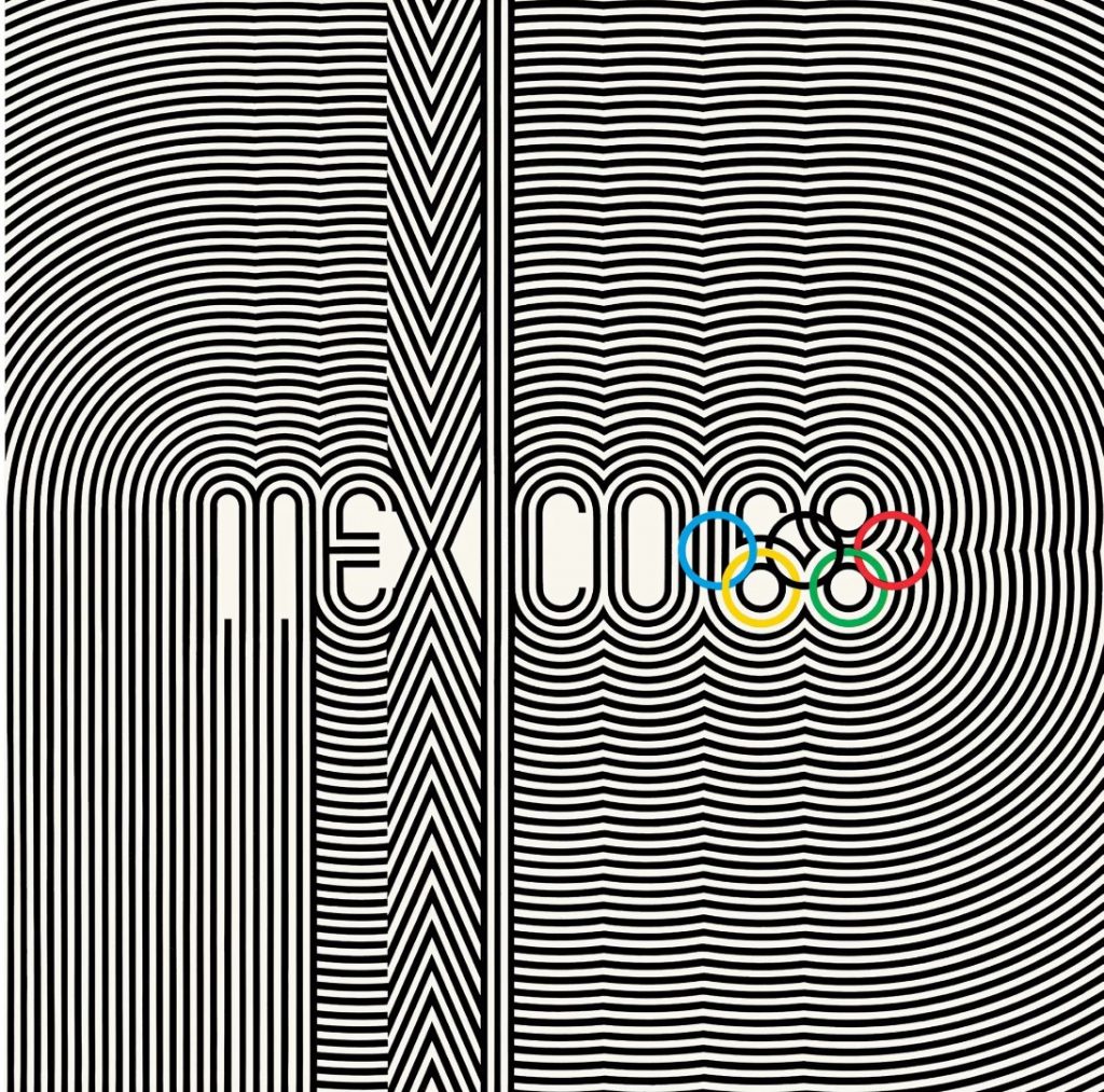 1968 Mexico City Summer Olympics Poster. 1968 Games emblem reflected the fashion of the time: hippy psychedelia.