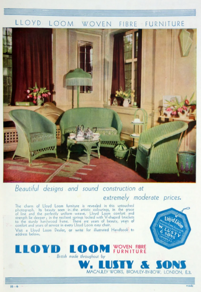 1930s vintage furniture ad for Lloyd Loom Woven Fibre Furniture-The advertisement features green chairs and a table in a living room.