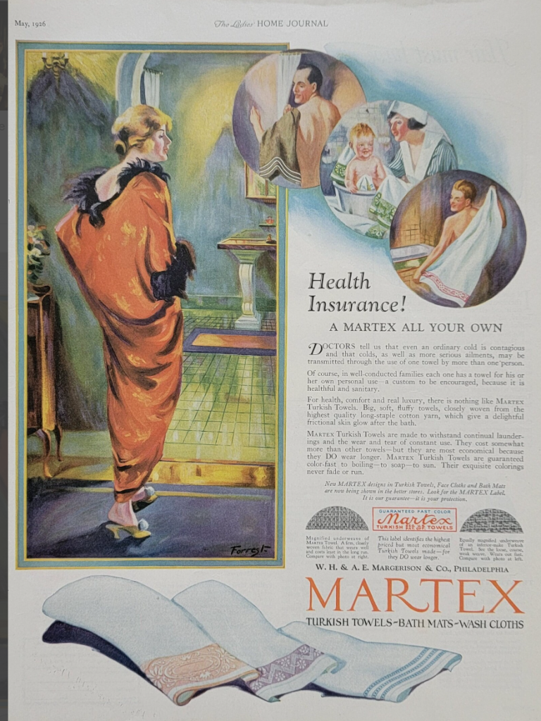 1920s vintage ad for towels from Martex featuring images of 1920s people