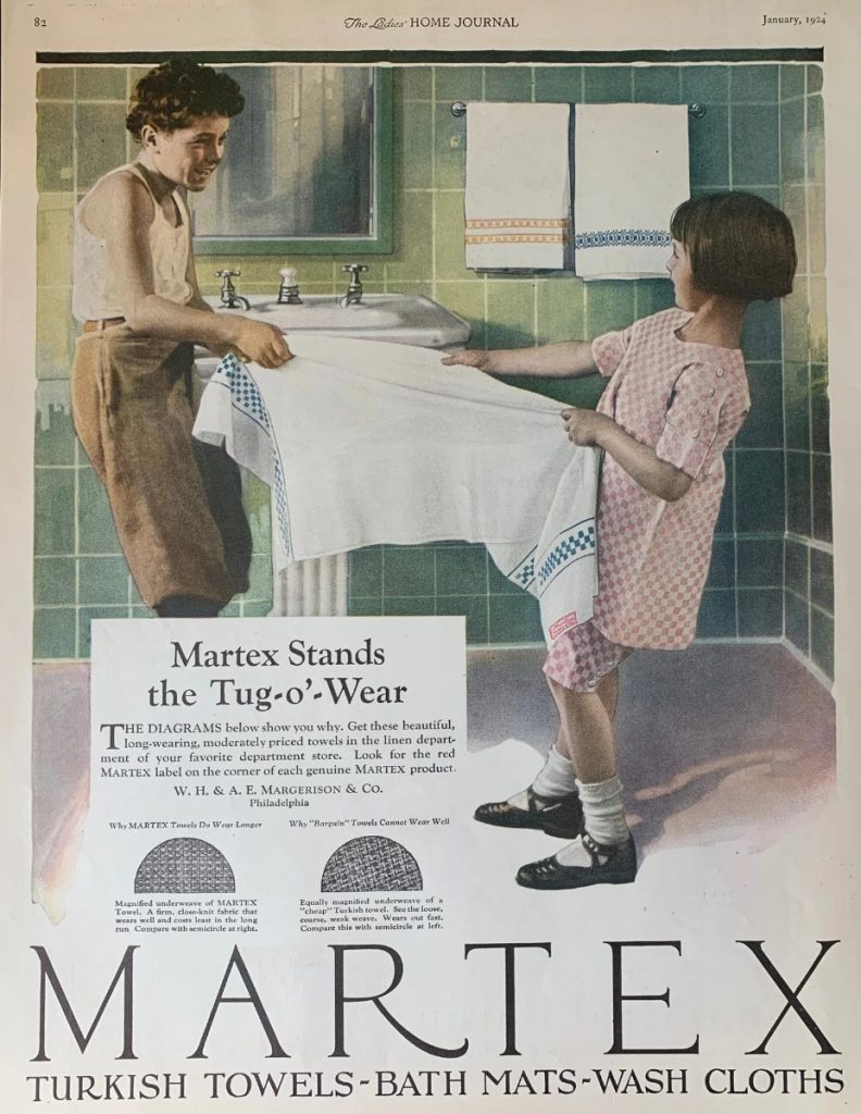 1920s vintage advertisement for Martex Turkish Towels bath mats and wash cloths. Ad is from 1924. Fun vintage ad for your bathroom decor. 