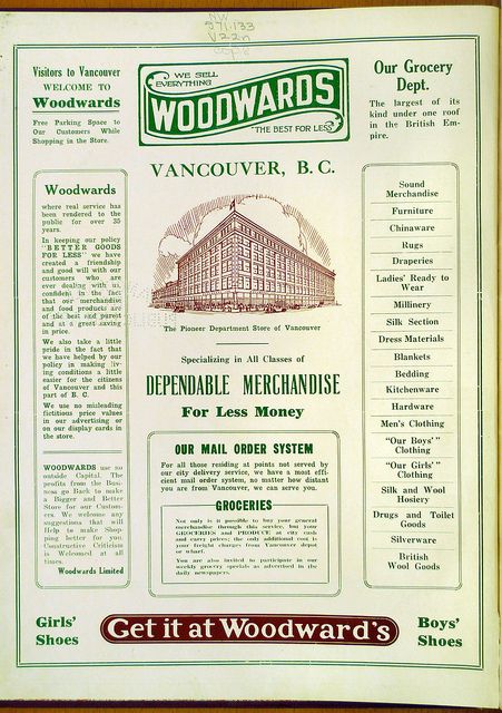 1920s vintage advertisement for Canada's Woodward's Department store from 1927. As published by the Vancouver Tourist Association