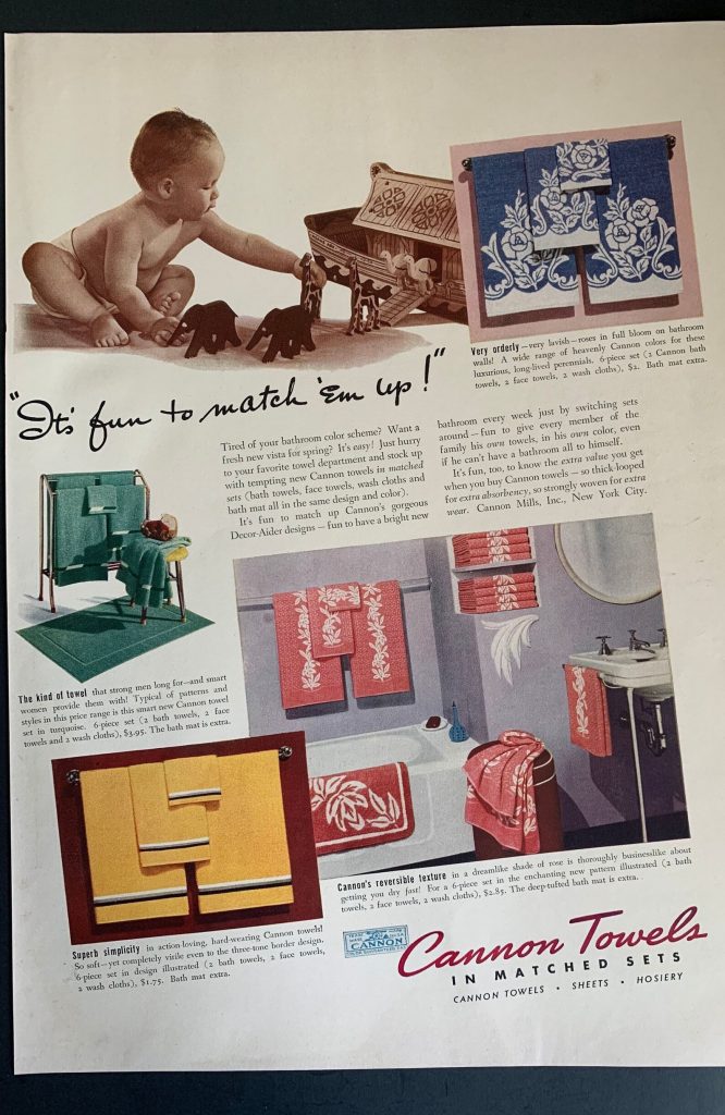 1930s vintage advertising from Cannon towels for bathroom towels. The ad features a 1930s bathroom and a baby. 