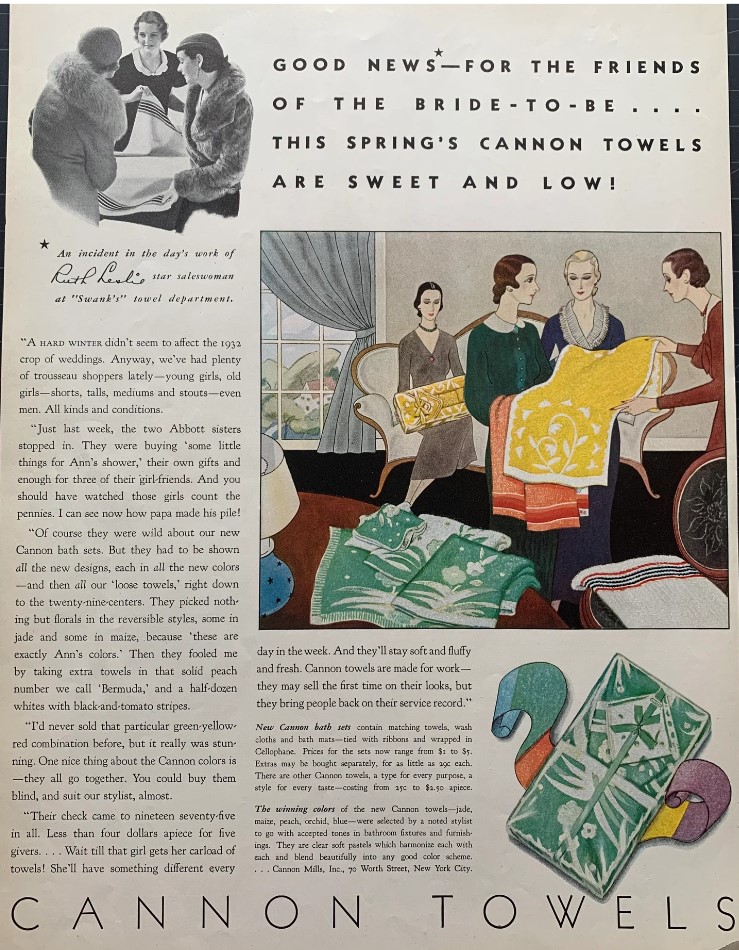 1930s vintage advertisement: 1932 Cannon Towels for the Bride-To-Be.