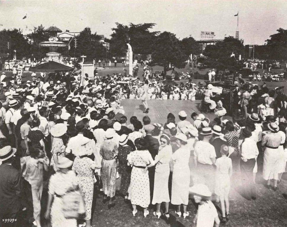 1930s Vintage Photo from 1937 at Toronto's CNE (Canadian National Exhibition) of a tap dancing demo. 1930s fashions on display. 