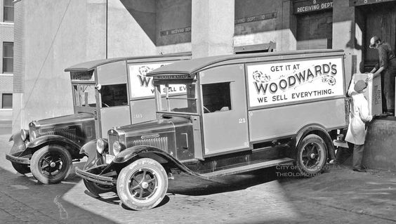 1930s Vintage Photo: Woodward’s, Ltd. – “We Sell Everything”, international “S” series panel trucks appear ready to deliver their goods back on September 24, 1931