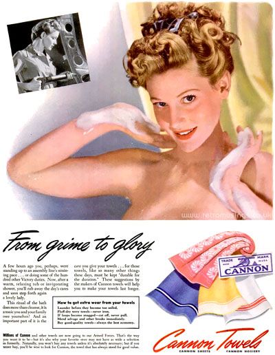 1940s vintage advertising for Cannon Towels featuring a woman having a shower after doing her part for the WW2 war effort