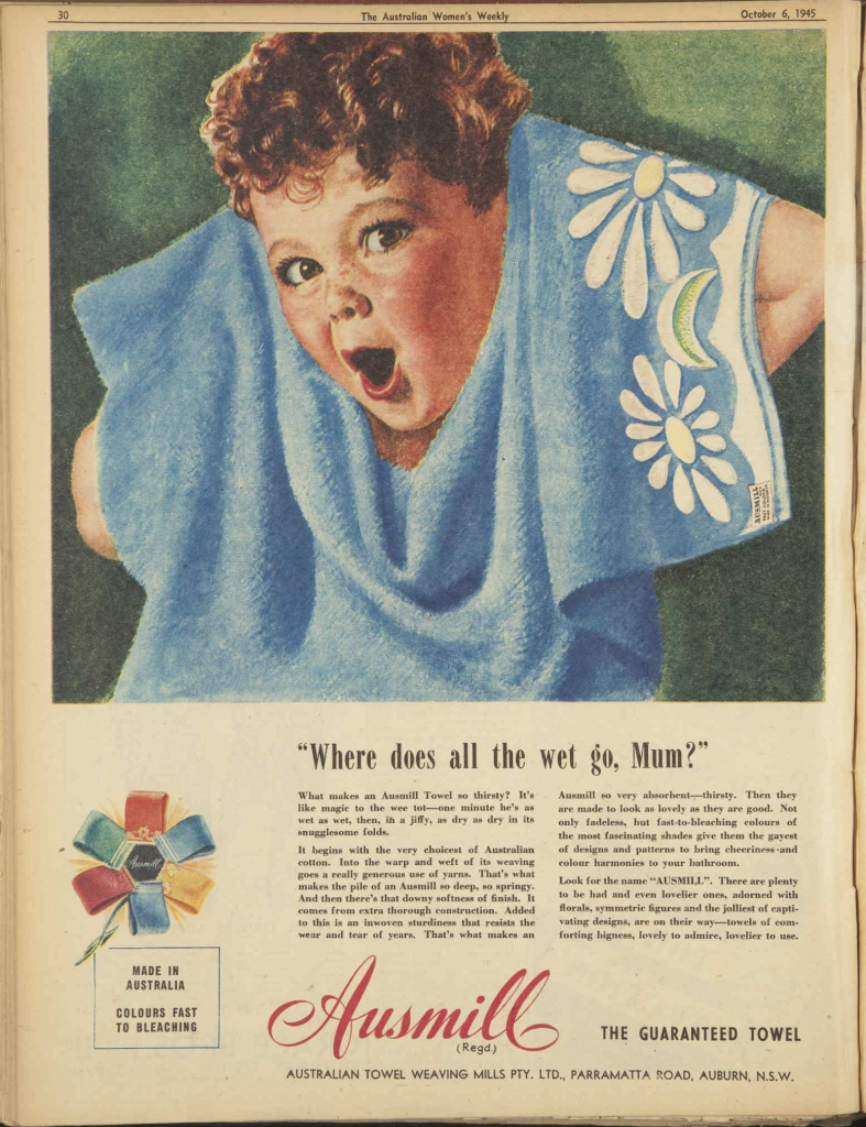 1940s vintage towel ad from 1945 for Ausmill towels the guaranteed towel featuring a kid getting dry