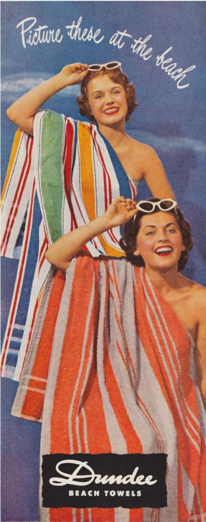 1950s vintage advertising for Dundee Beach Towels from 1950 featuring two women with 1950s sunglasses wearing the towels. 