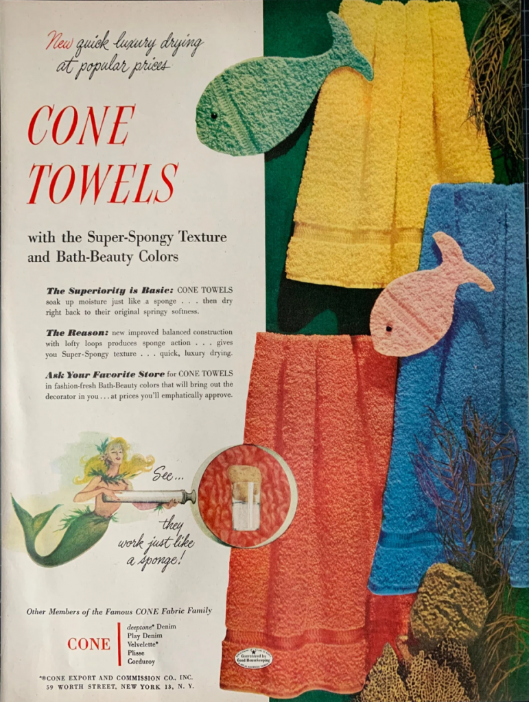 1950s vintage advertisement for 'Cone Towels' "with the super-spongy texture and bath-beauty colors'.Fun vintage ad for your bathroom decor. 