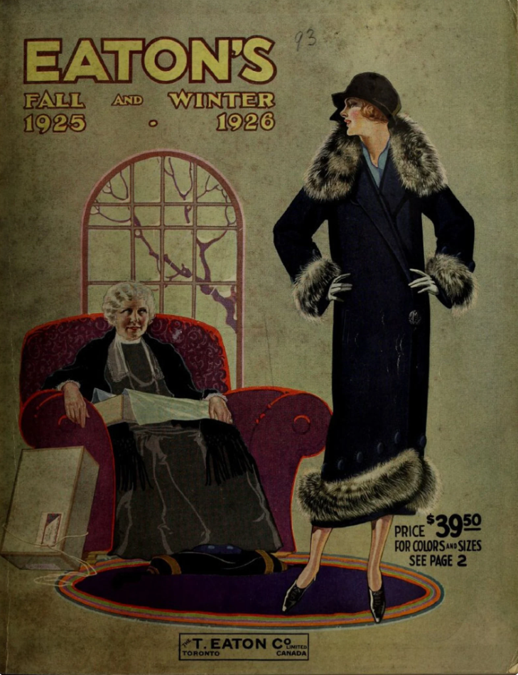 1920s vintage catalog for Eatons Fall and Winter 1925 and 1926 featuring a 1920s woman in a fur coat modeling it for her mother.