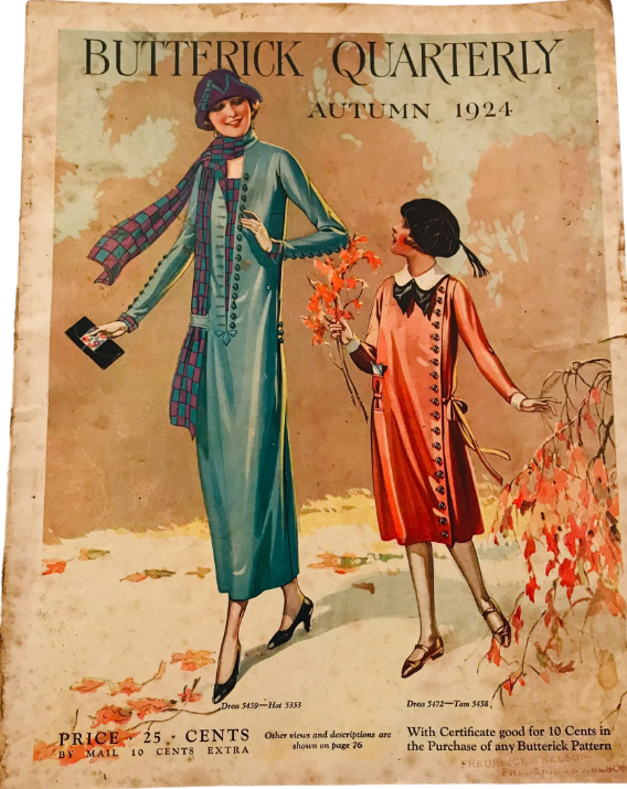 1920s vintage pattern catalog from Autumn 1924 featuring an illustration of a woman and girl in 1920s fall fashions that you can sew