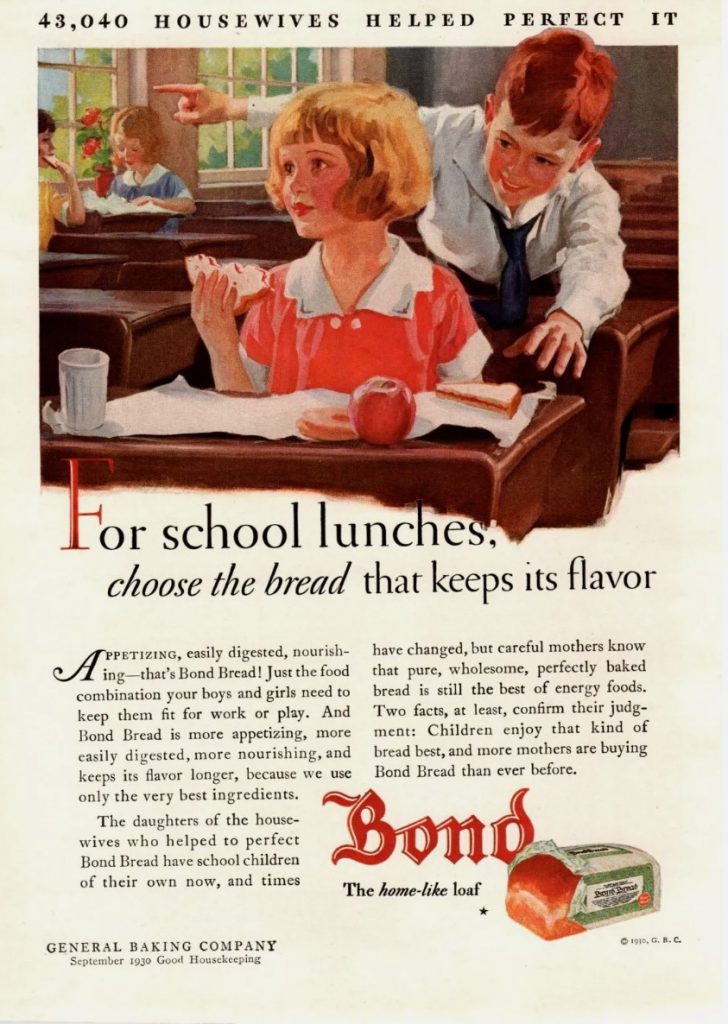 1930s vintage ad: School Lunches for kids as seen in this Bond Bread vintage 1930 print ad