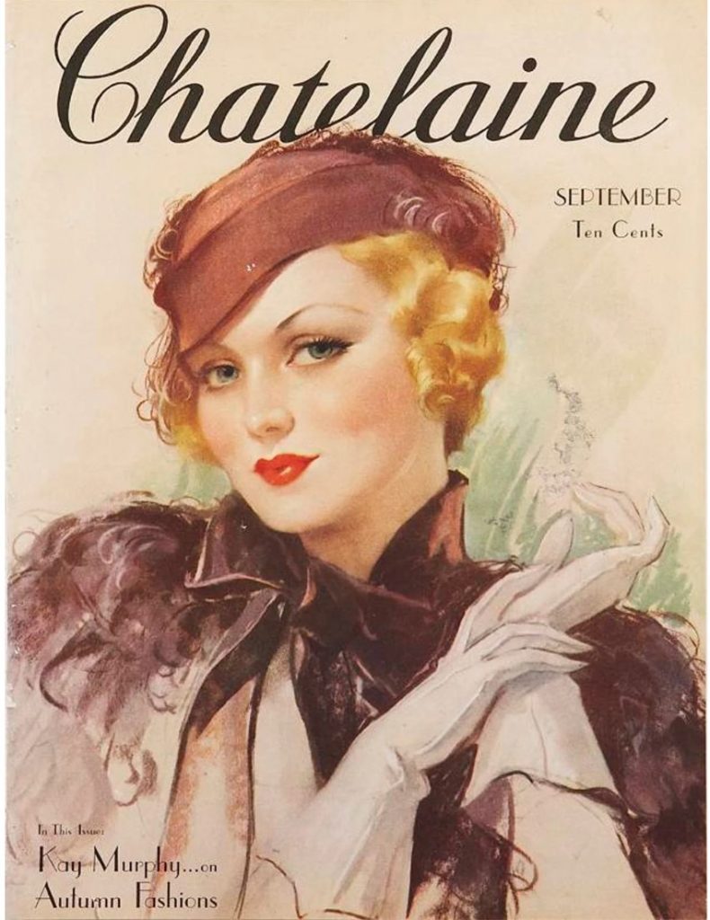 1930s vintage magazine cover for Chatelaine magazine Sept 1934 featuring an illustration of a woman in 1930s hat and 1930s fashion on the cover